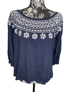 Womens Boho Floral Embroidered Peasant Blouse Boat Neck Geometric Top Bohemian